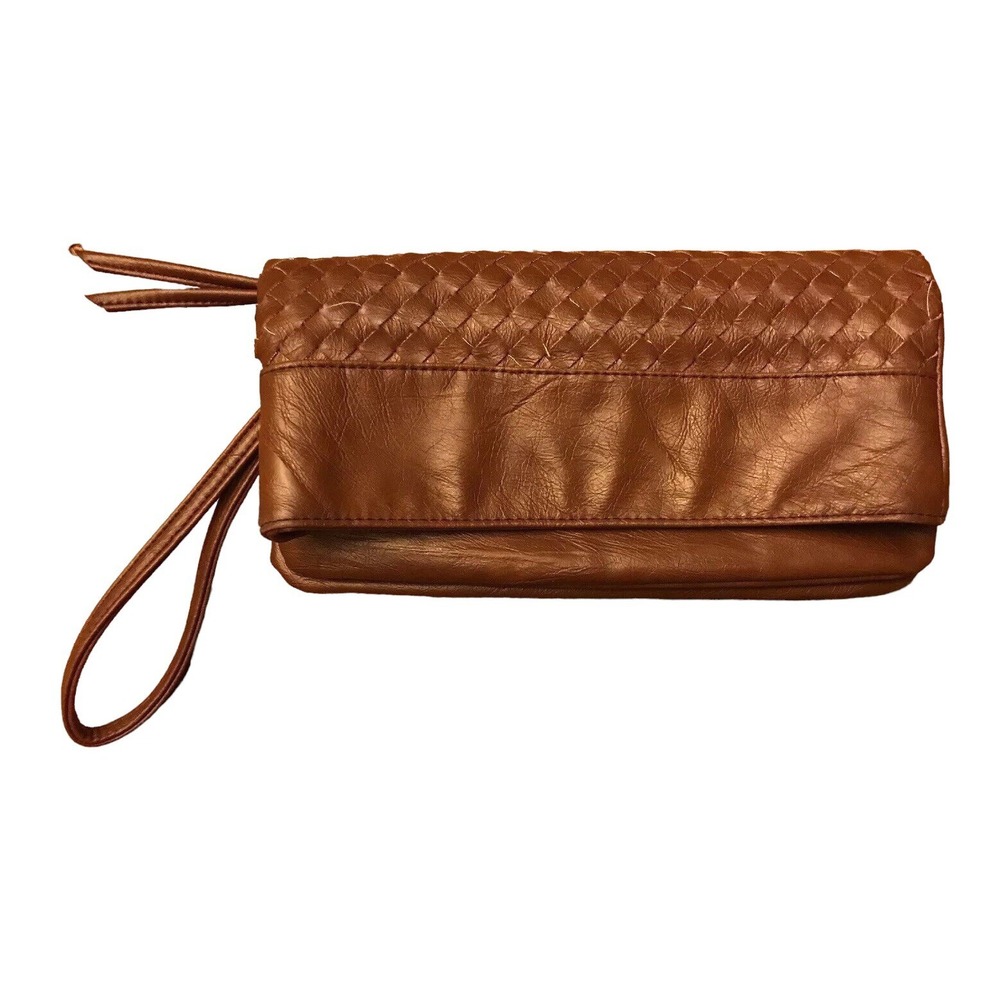Kimchi Blue Brown Woven Clutch Purse with Inner Zippers Wrist Strap